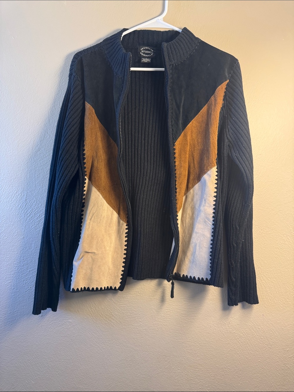 Colorblock Zip-Front Bomber Jacket - Black, Tan & Cream